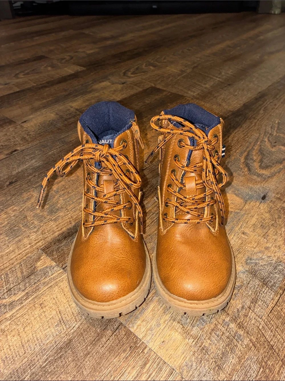 Nautica Chestnut Brown Kids Lace-Up Boots with Navy Collar